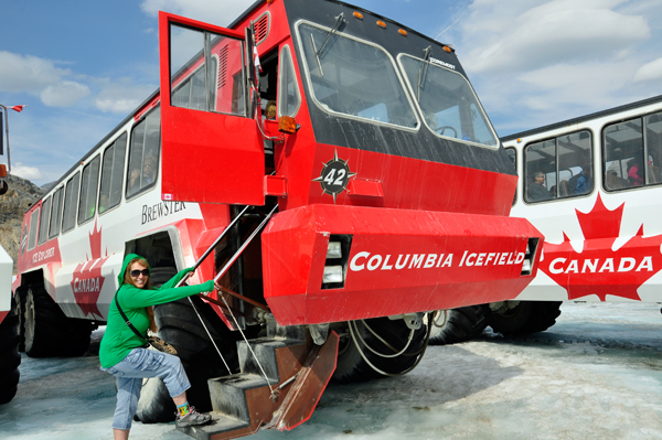 Karen Duquette entering the snowcoach